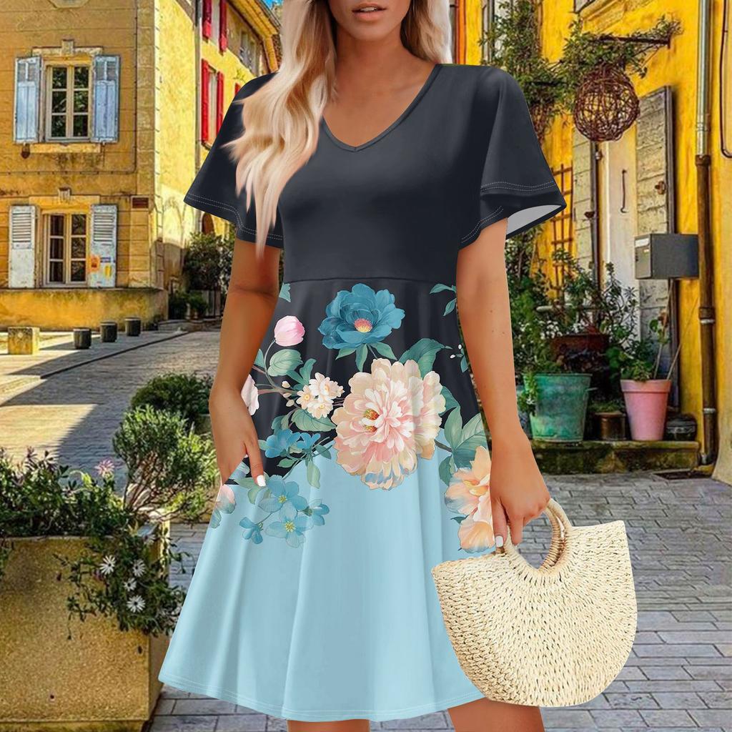 Women Summer Dress Casual Swing Floral Ruffle Short Sleeve Sundresses Beach  A-line  Dress  With Pockets