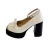 Fashion White Mary Janes High Heels Women Cute Bow Patent Leather Thick Heel Pumps Buckle Strap Lolita Shoes Black Dress Party Shoes