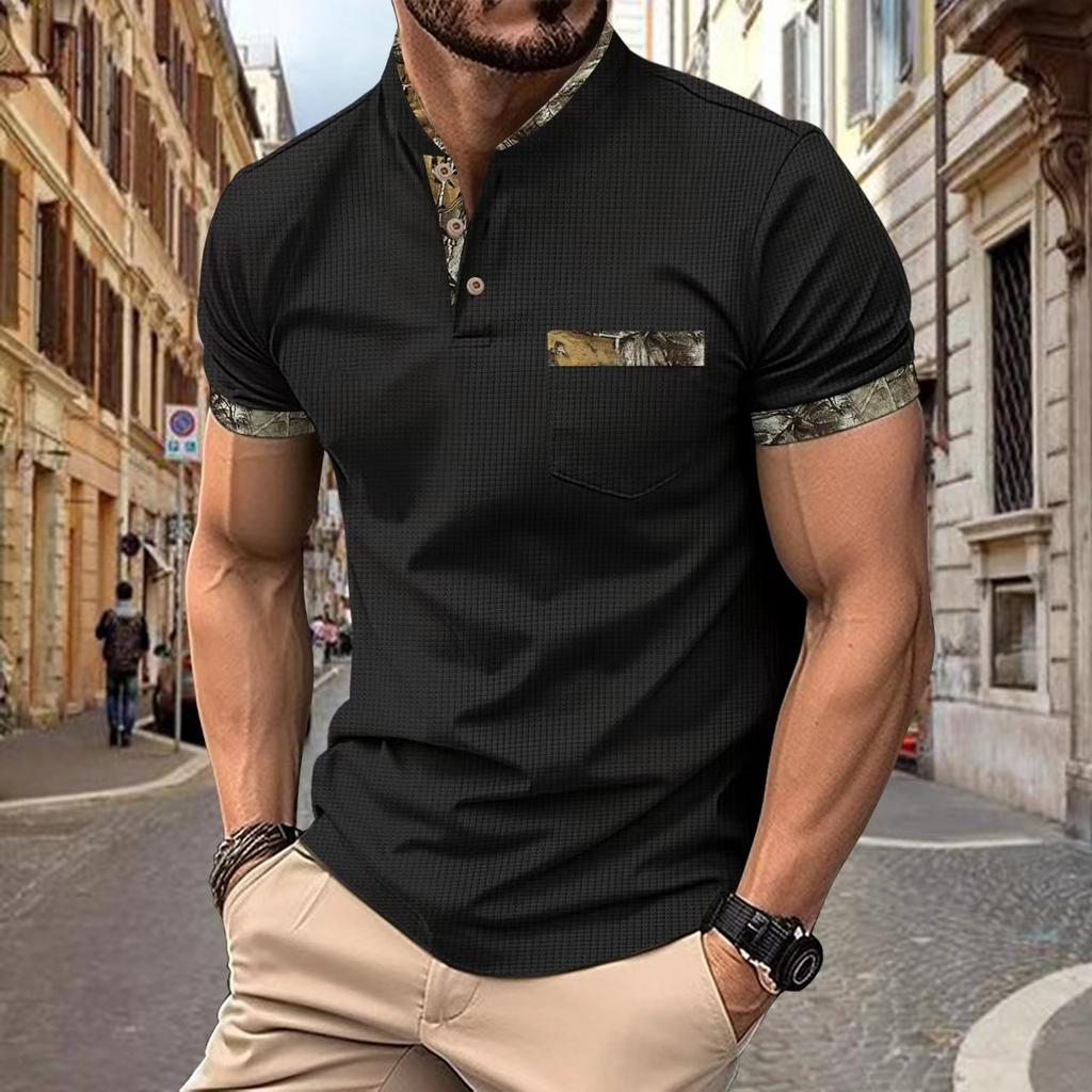 Neues Herren-Freizeit-Poloshirt mit Brusttasche, kleinem Stehkragen, Knopfleiste und vielseitigem T-Shirt-Oberteil