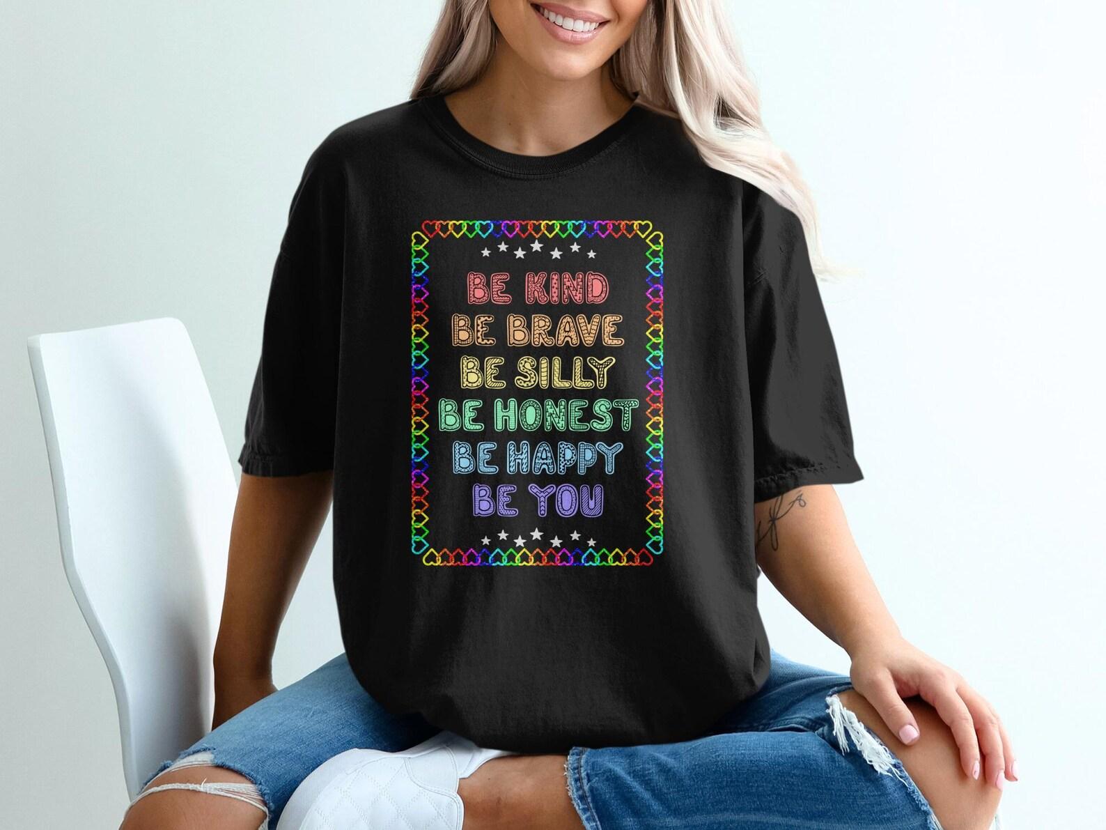 Be Kind Be Brave T-Shirt, Rainbow Glitter Hearts Affirmation Tee, Motivational Self Love Shirt S