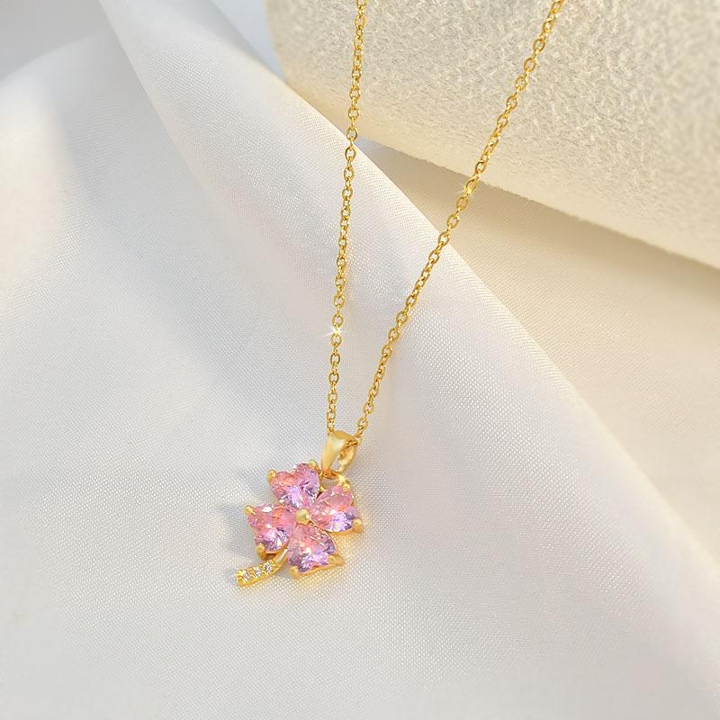 Four-Leaf Clover Necklace Women'S Small Fresh And Sweet Zircon-Inlaid Exquisite Pendant Accessories