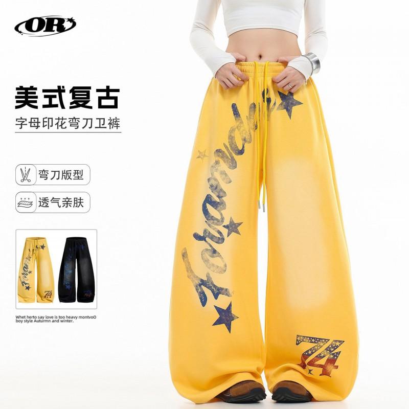 OREETA Unisex Vintage Letter Print Cargo Pants High Waist Loose Fit Wide Leg Casual Trousers