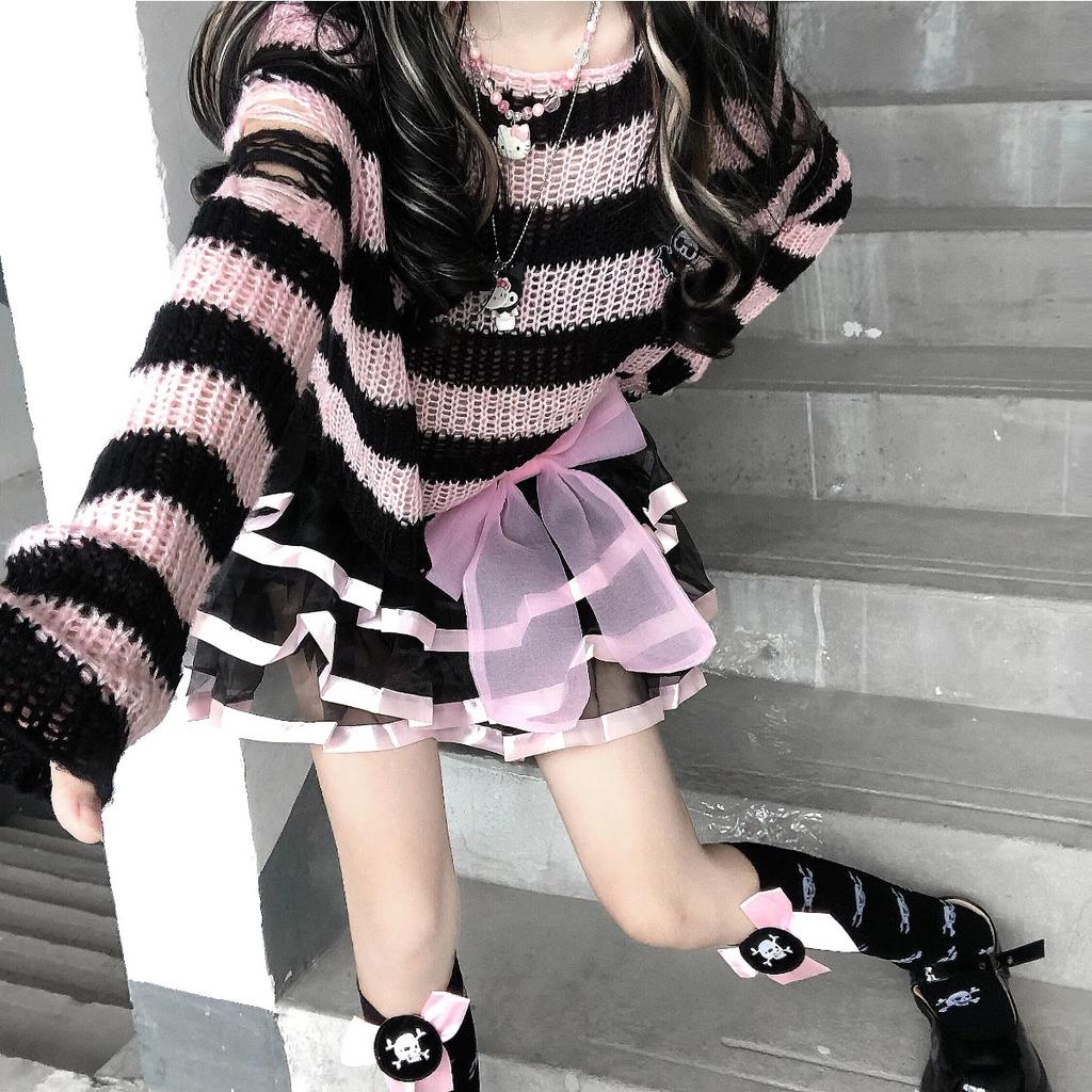 Striped Gothic Sweaters Women Ripped Holes Loose Knitted Pullover Frayed Fairy Grunge Jumpers Streetwear Lolita