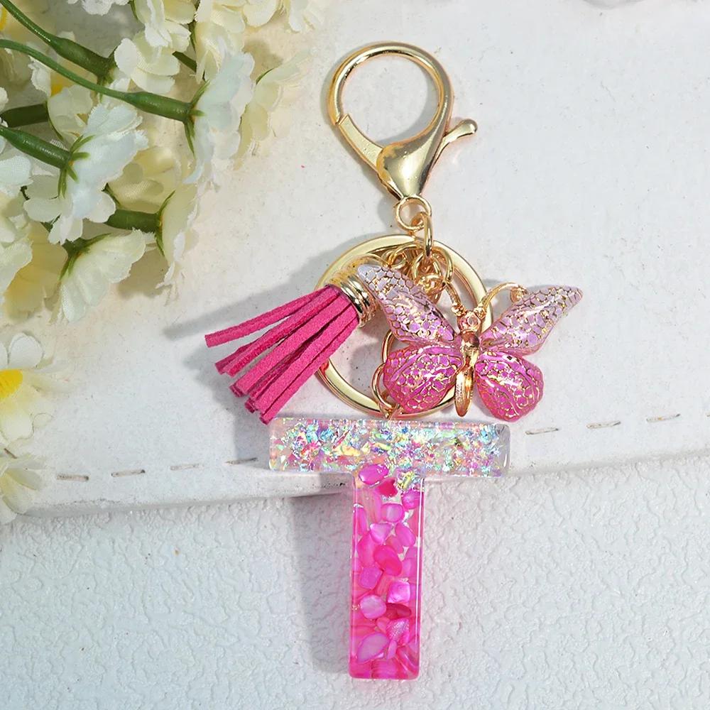 

Gradient Pink Jewelry Letter Keyring Resin Letter Keychain with Fringe Butterfly DIY Bag Decoration Pendant Party Gift