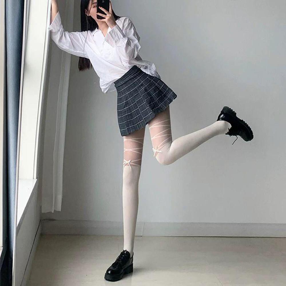 Bowknot Splicing Lower Limb Wear For Ladies Onyx Authentic White Lovely Bow Pantyhose Japanese Spicy Lass Hosiery For Gathering Jk Kawaii Stockings
