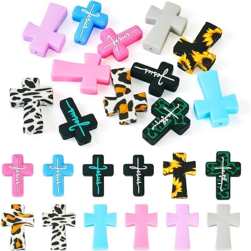 12Pcs Silicone Crosses Shaped Beads Leopard Colorful Print Loose Silicone Beads for Adult Necklaces Jewelry Making