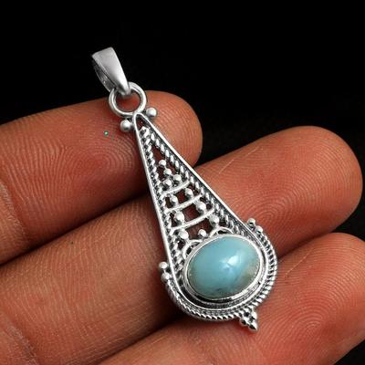 Naturlig Larimar Edelstensanheng 925 Sterling Sølv Håndlaget Charmsmykke