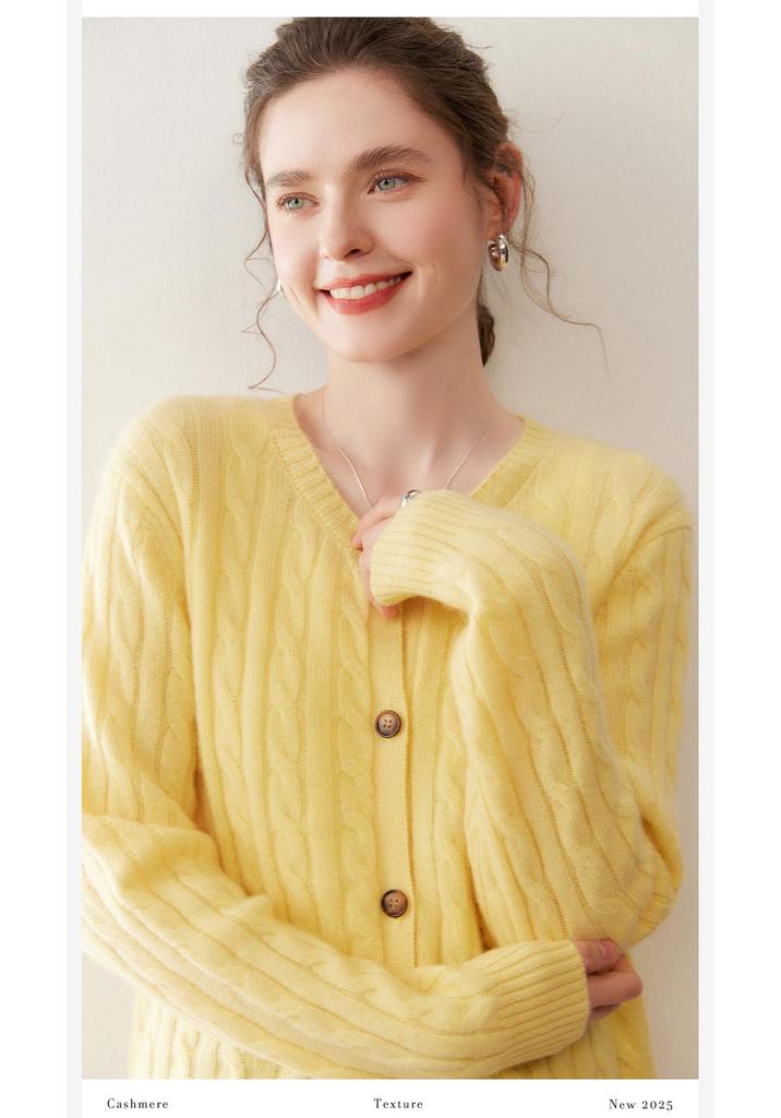 Women's Autumn-Winter Cable Knit Cashmere Cardigan, Long Sleeve, Round Neck, Versatile Base Layer Sweater