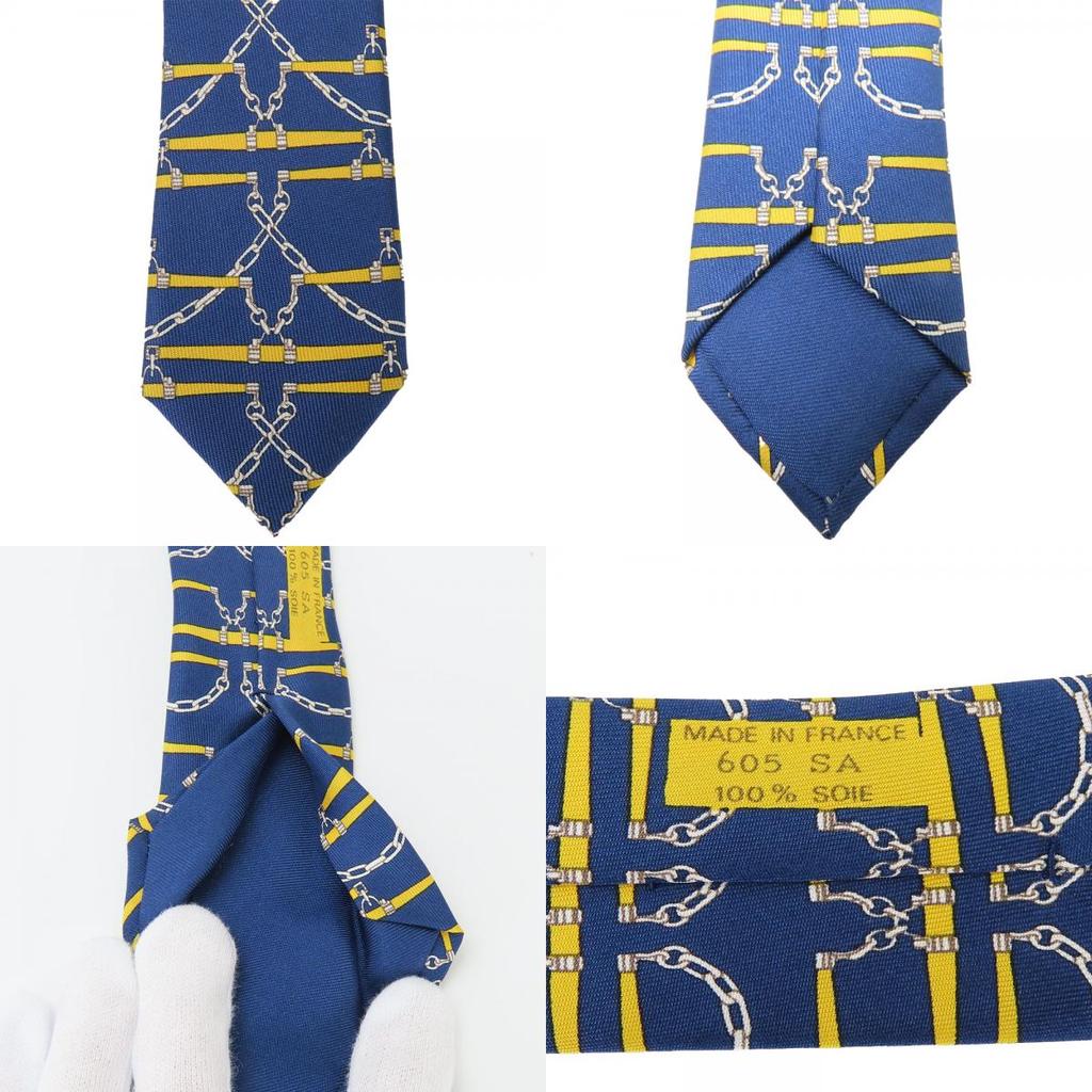 Used HERMES Tie Silk Navy Yellow Overall Handle