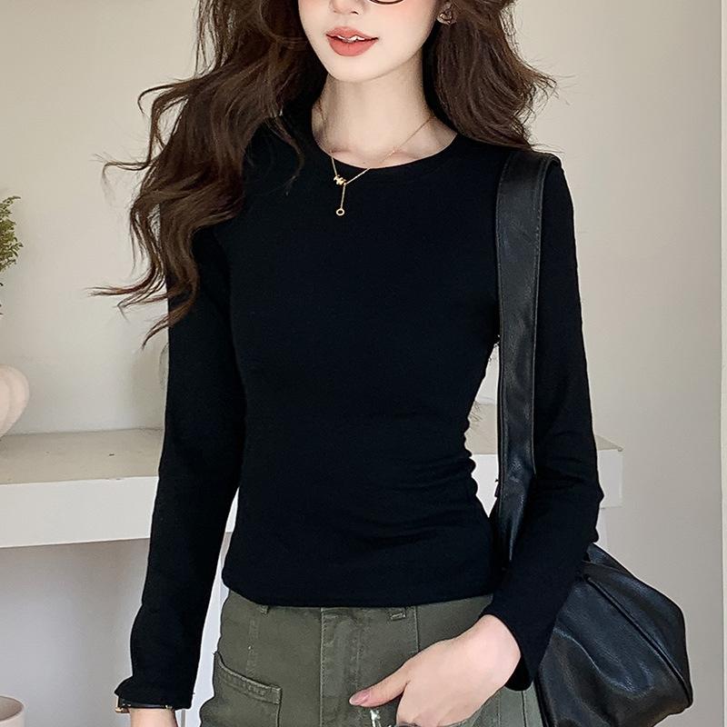 

Early Spring Premium Casual Women s T-Shirt Women s Slim Bottom Shirt Waist Pinch Shoulder Long Sleeve Top Spice Girl Inside S fits 80-50 kg чёрный