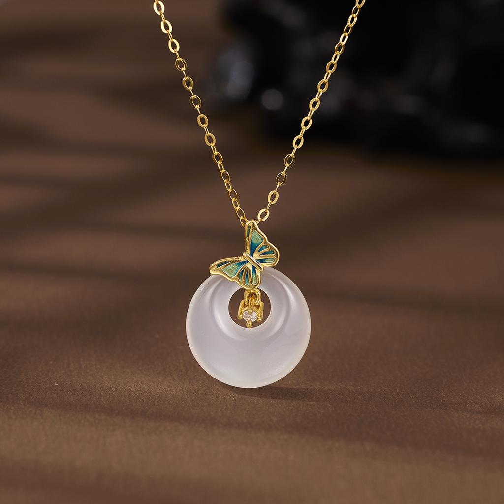 925 sterling silver chalcedony butterfly zircon necklace new Chinese versatile safety buckle jewelry necklace