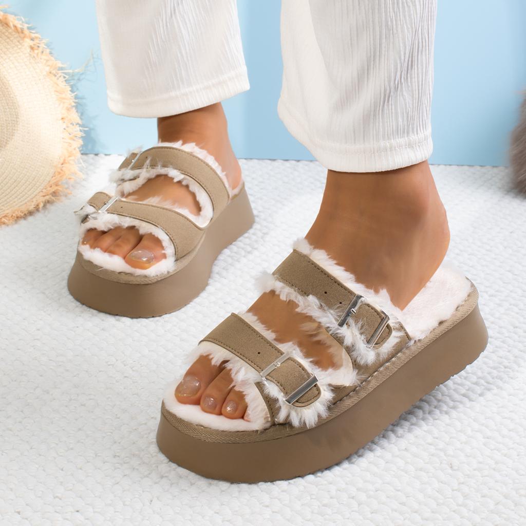 Fashion Women Slippers Thick Bottom Open Toe Needle Buckle Shoes Women Plush Warm Fashion Slippers Comfort Non-slip Furry Slides Women