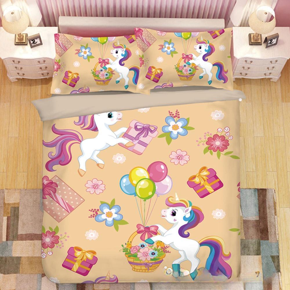 03 Rainbow Unicorn Bedding Set,Cartoon Unicorn Duvet Cover 3D Print,Children Boys Girls Quilt Cover Pillowcase King Queen Size