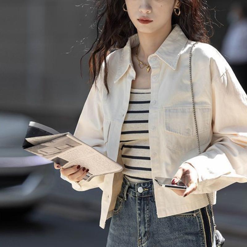 Women's Spring and Autumn Jacket Designer Style Hong Kong-Inspired Retro Long Sleeve Short Solid Color Shirt Top