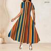 Women Plus Size White Printed Round Neck Short Sleeve Gathered Waist A Line Long Dress