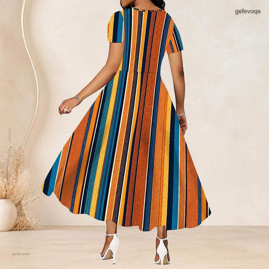 Women Plus Size White Printed Round Neck Short Sleeve Gathered Waist A Line Long Dress