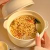 Cuenco de Cerámica Estilo Crema para Fideos Instantáneos y Sopa con Tapa y Asa