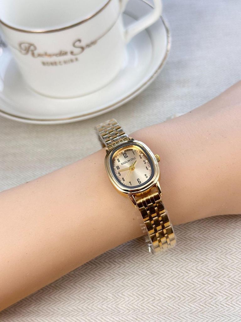 Women's Minimalist Quartz Watch with Elliptical Dial and Digital Markers, Steel Band, Small Wristwatch