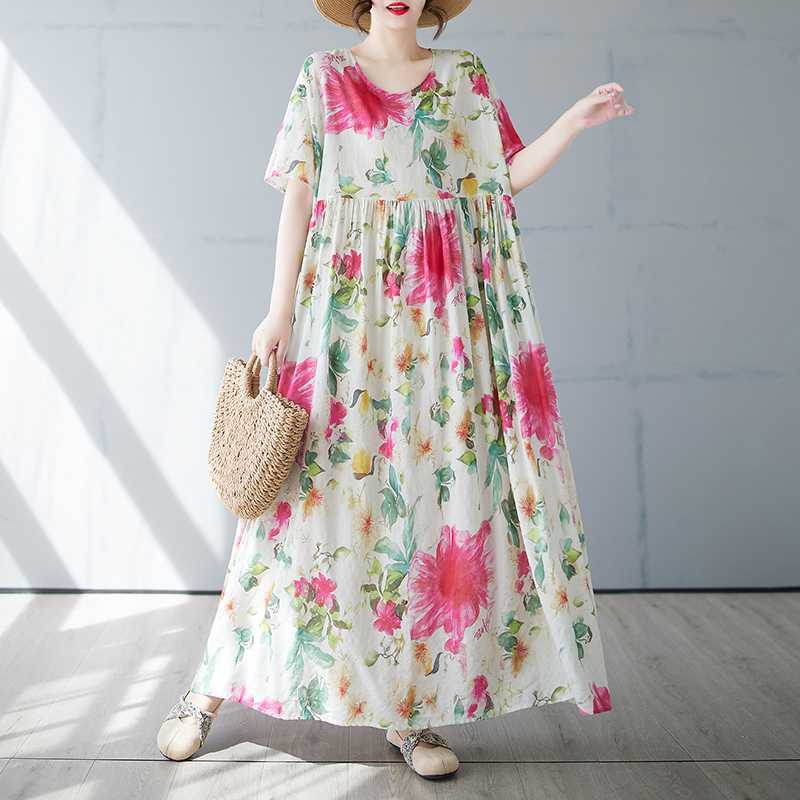 Women's Simple and Fashionable Long Skirt, Short Sleeved Round Neck Printed Dress