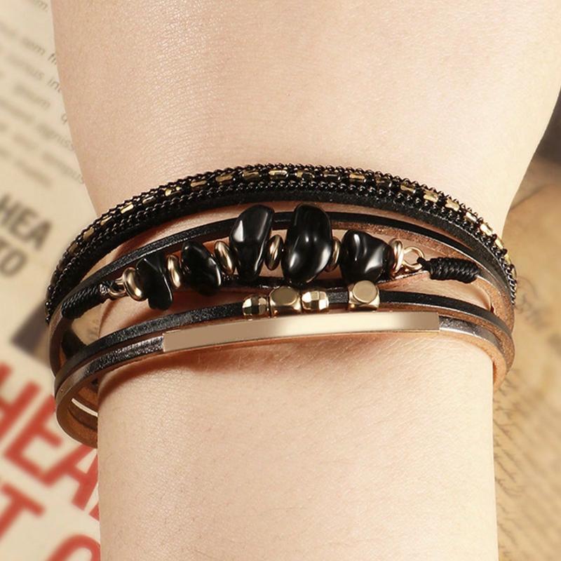 One Piece Europeisk och Amerikansk Stil Natursten Pärlstav Mässingsrör Design Kohudsläder Rep Kvinnor Grön Armband Sommar Strand