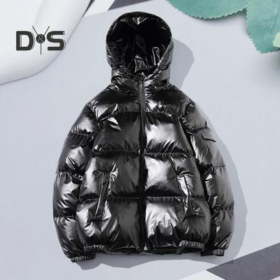 Men Cotton Coat Hooded Long Sleeve High Gloss Surface Quilted Jacket with Pockets Loose Fit Thickened Warm Short Outerwear