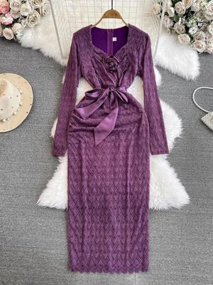 Autumn Spring Fleeces Lace Party Dress Women's Square Collar Long Sleeve Ribbon Floral Belt Bodycon Pencil Dresses