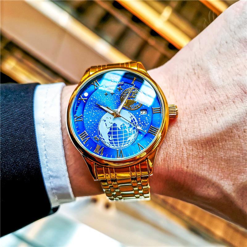 Men's Hollow Bottom Fully Automatic Mechanical Watch Stainless Steel Butterfly Buckle Trendy Men's Watch