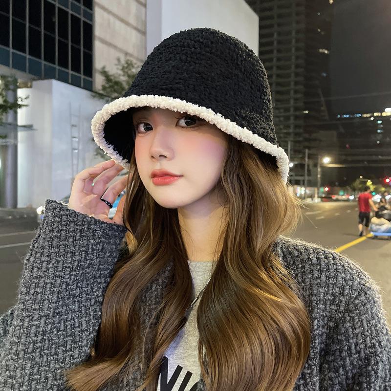 Black Bucket Hat Female Ins Internet Celebrity Knitted Basin Hat Autumn and Winter Season Versatile Face Small Face Cover Fisherman Hat