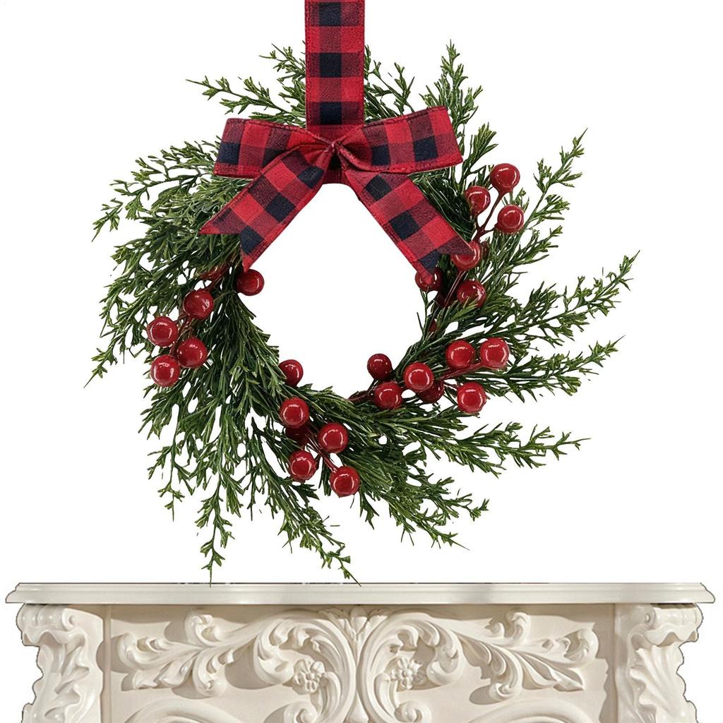 Christmas Wreath With Bow 10 Inch Artificial Holiday Decorations Rustic Wreath Ornament For Front Door Indoor Wall Window Mantel