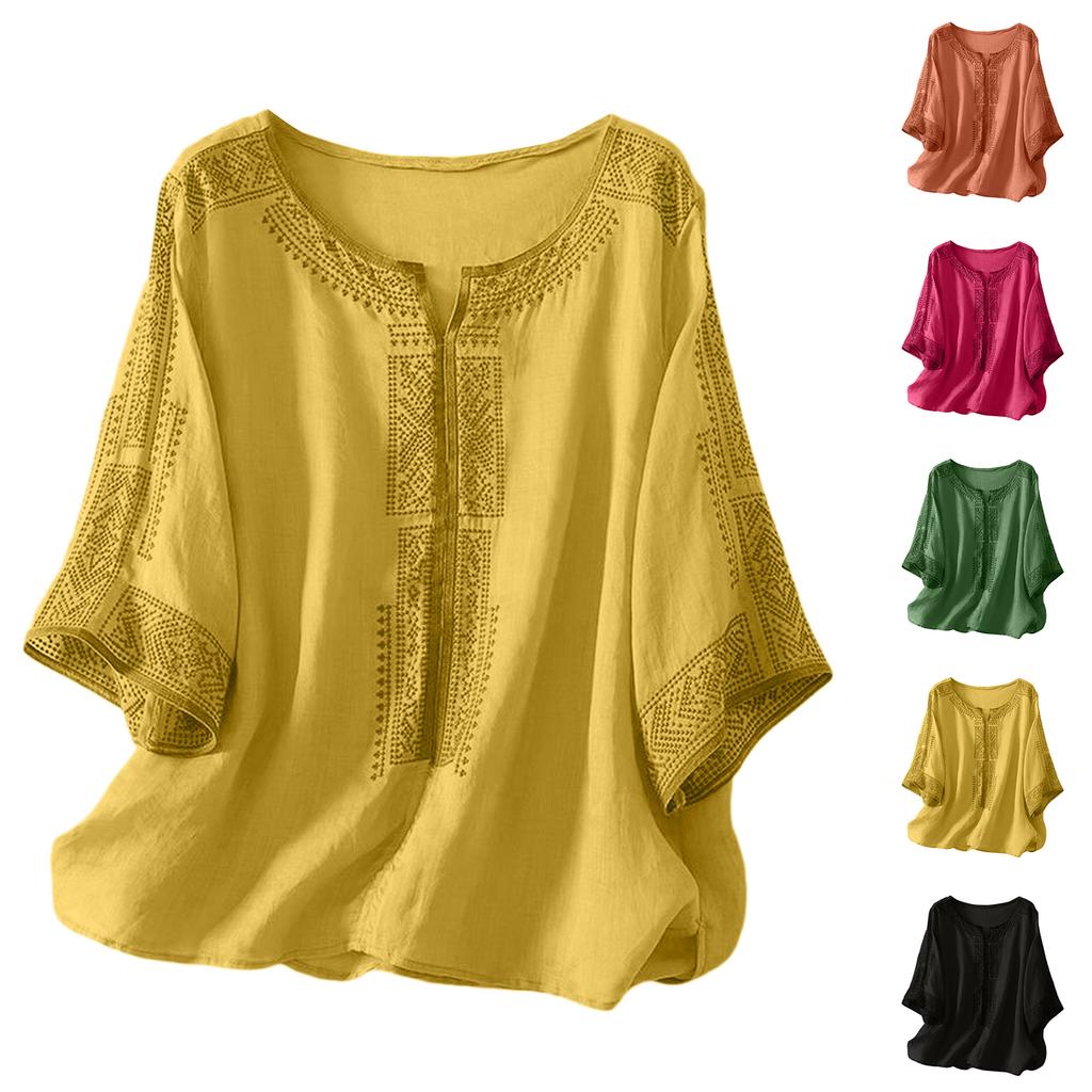 Fashionable Women's Cotton Linen Embroidered V-neck Short-sleeved T-shirt, Loose Summer Top