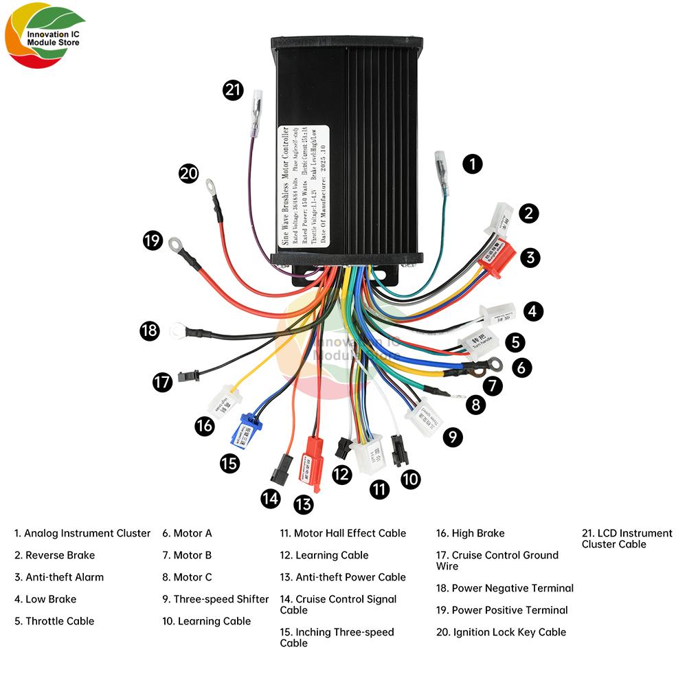Controlador de Motor sin Escobillas Silencioso de Onda Sinusoidal de Triple Modo de 9 Tubos 36V 48V 64V 450W Adecuado para Bicicletas Eléctricas Scooters