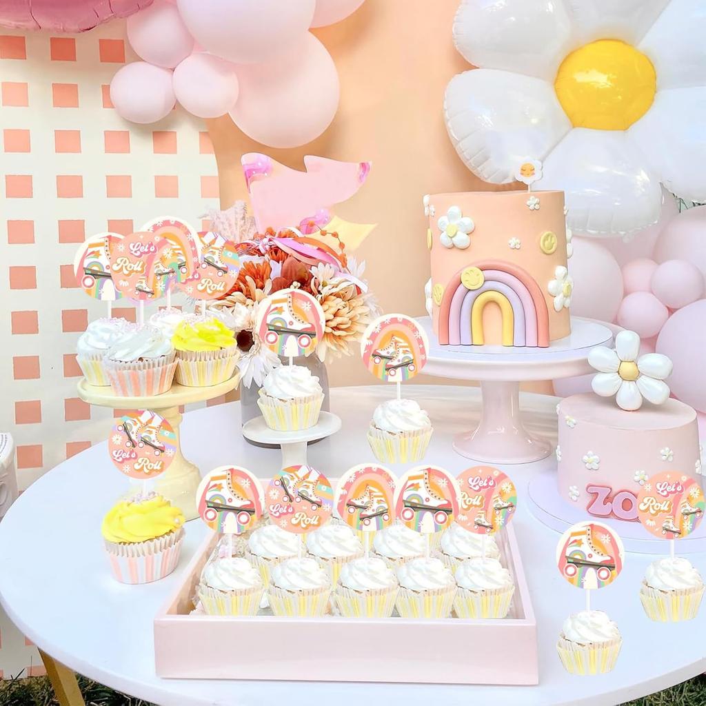Cheereveal Roll Skating Birthday Decorations - 36 Pack Groovy Theme Let’s Roll Cupcake Toppers, Table Dessert Cupcake Picks, Happy Birthday Party
