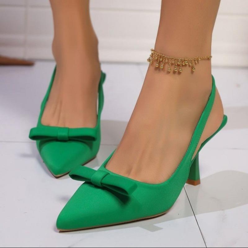 

Женские туфли на высоком каблуке Летние Повседневные Однотонные С острым носком Шлепанцы 2025 Элегантное украшение бантом Модные Свадебные Женские Сандалии 36 зелёный
