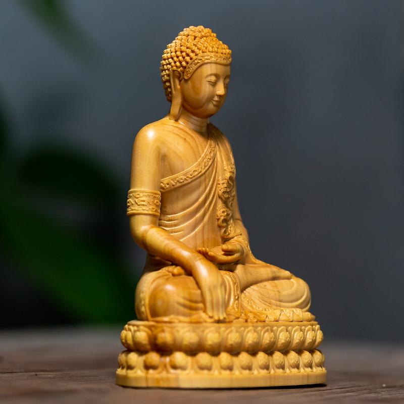 Naturalny Cyprys Lndia Shakyamuni Budda Postacie Figurki Ręcznie Rzeźbione Lite Drewno Dom Pokój Biuro Dekoracja Feng Shui Statua