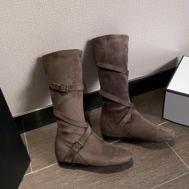 Leather Flat Boots Women's Inner Heightening Knight Boots Cross Buckle Pleated Pile Boots Skinny Boots Women