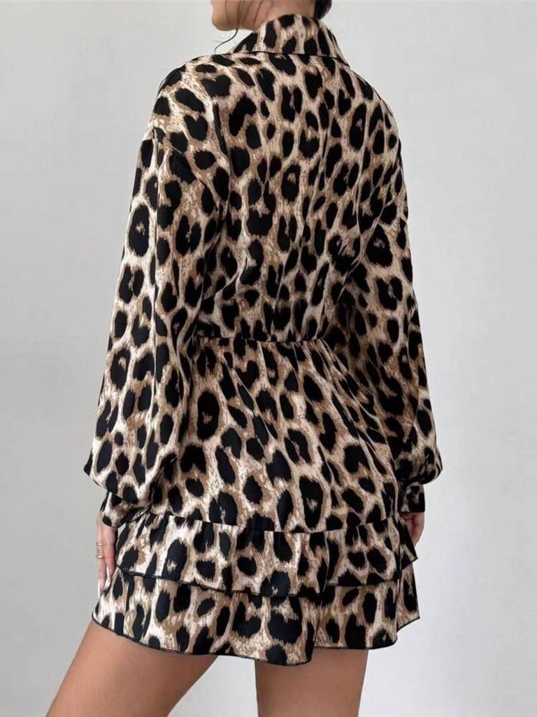 Autumn New Leopard Print V-Neck Long Sleeve Sexy Dress