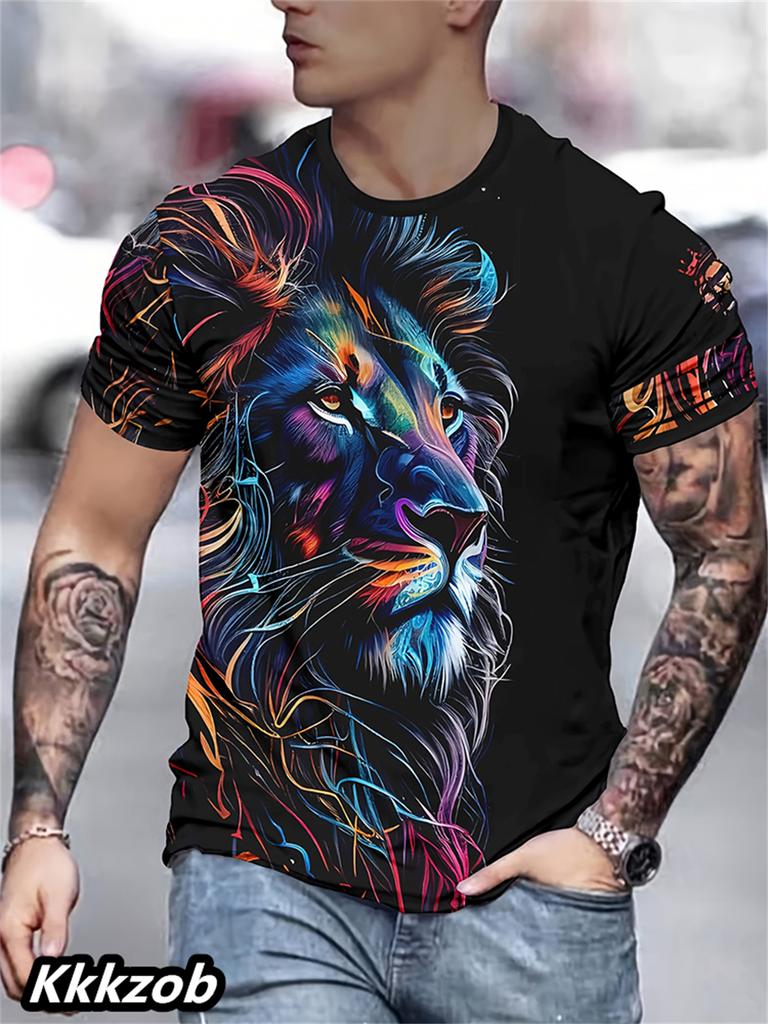 Men's 3D Printed Lion Short-sleeved Crew Neck T-shirt for Summer, Soft and Breathable, Casual and Comfortable, Suitable for Outdoor Sports.