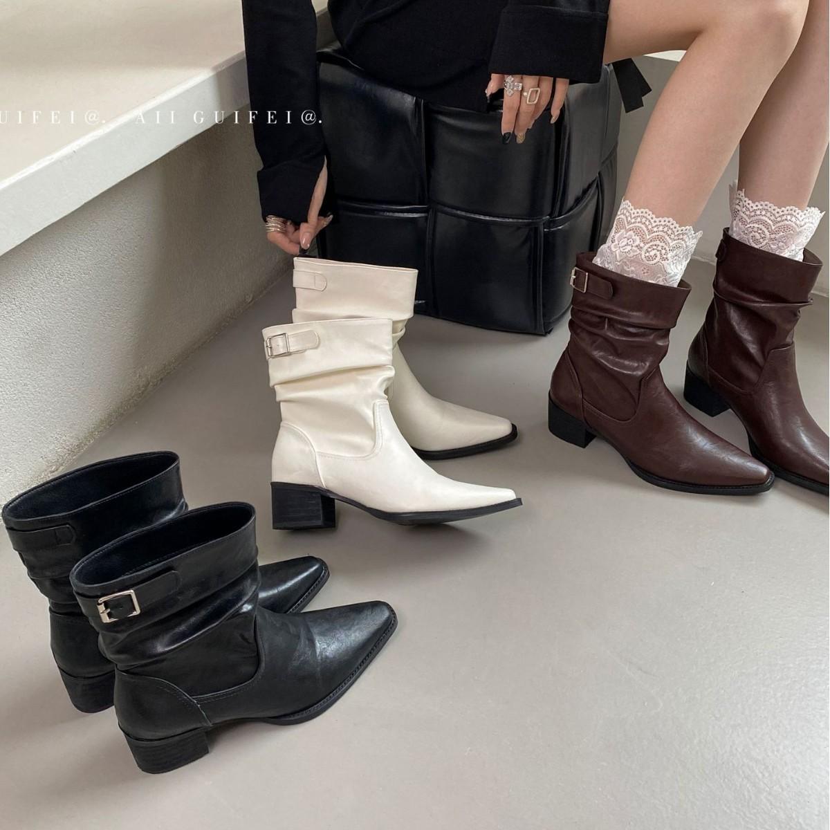 

2025 new autumn and winter pleated stacking boots square head thick medium heel commuter Martin fashion women s short boots 40 бежевый