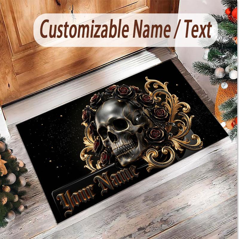 Skull Gothic Theme Soft Crystal Velvet Rug Custom Name & Text Print Non Slip Floor Rug for Bedroom Living Room