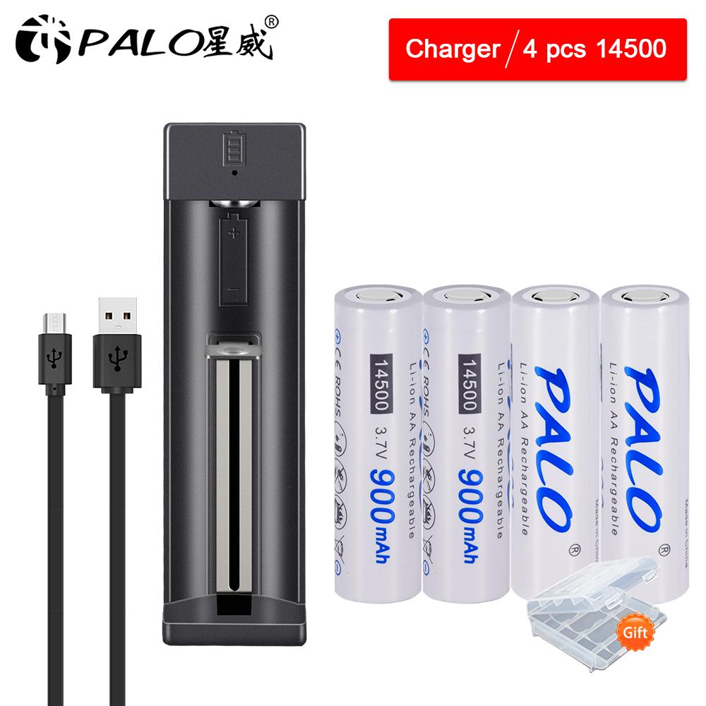PALO 3.7V 14500 AA Li-ion Rechargeable Batteries 900mAh for LED Flashlight+charger for 14500 18650 16350 18500 Etc Battery