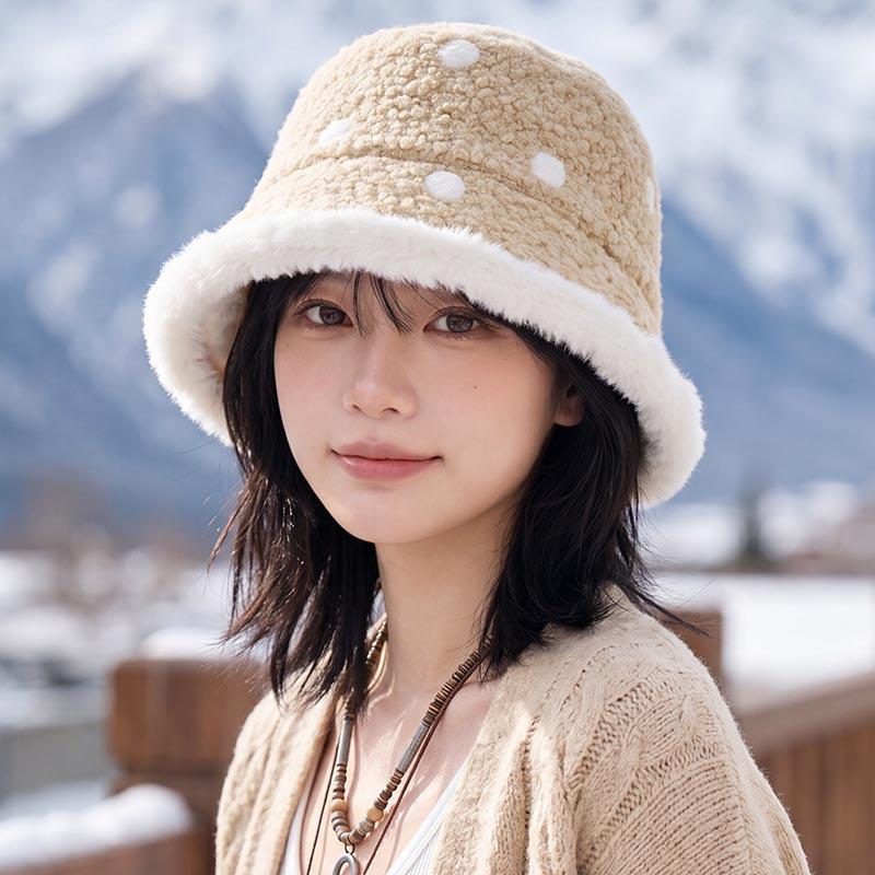 Polka Dot Plush Bucket Hat Women's Winter Thickened and Velvet Warm Basin Hat Cute Lamb Wool Snow Face Small Ear Hat
