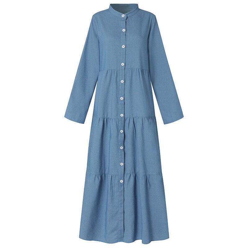 European and American Stand-up Collar Denim Button Long Dress
