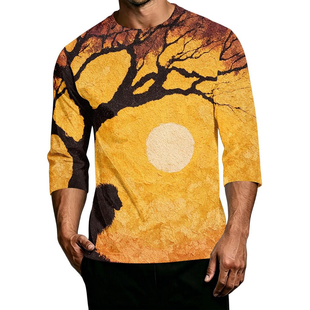 Men's Casual Halloween Printed Crew Neck T-Shirt Three Quarter Sleeve Top Lightweight Comfortable Fit Graphic Tee for Everyday Wear