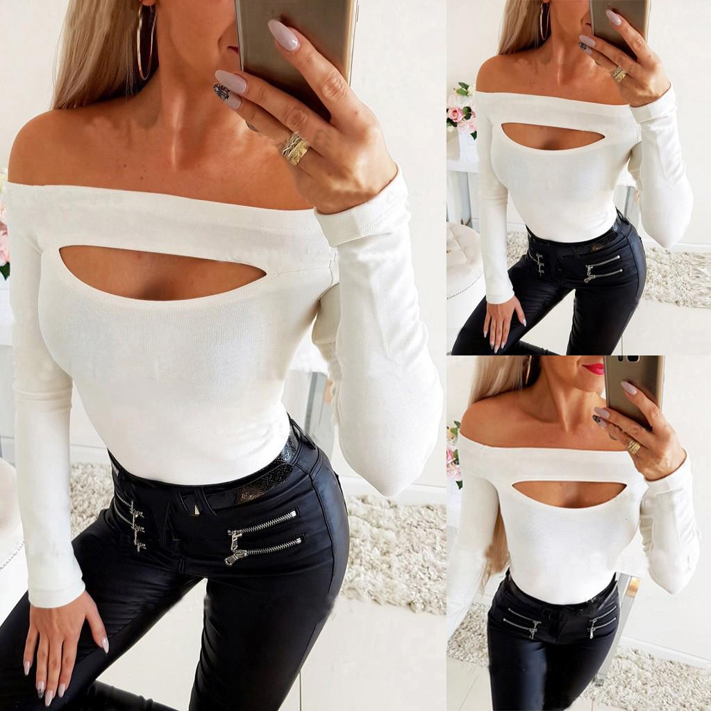 

Women Square Collar Solid Color Long Sleeve Sexy Hollow Out Casual Blouse Tops