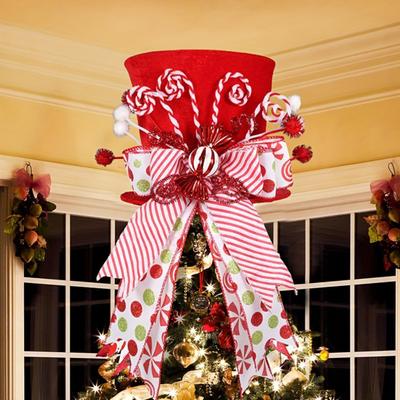 Christmas Tree Topper Hat Collapsible Top Formal Hat with Striped Ribbon Bows Tree Top Decoration Hat for Home Holiday Party