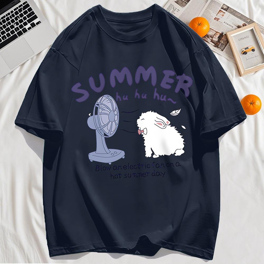 Little Rabbit Blowing Electric Fan Print T-Shirt Mens Hip Hop Summer Short Sleeve Clothing Casual Loose Tops