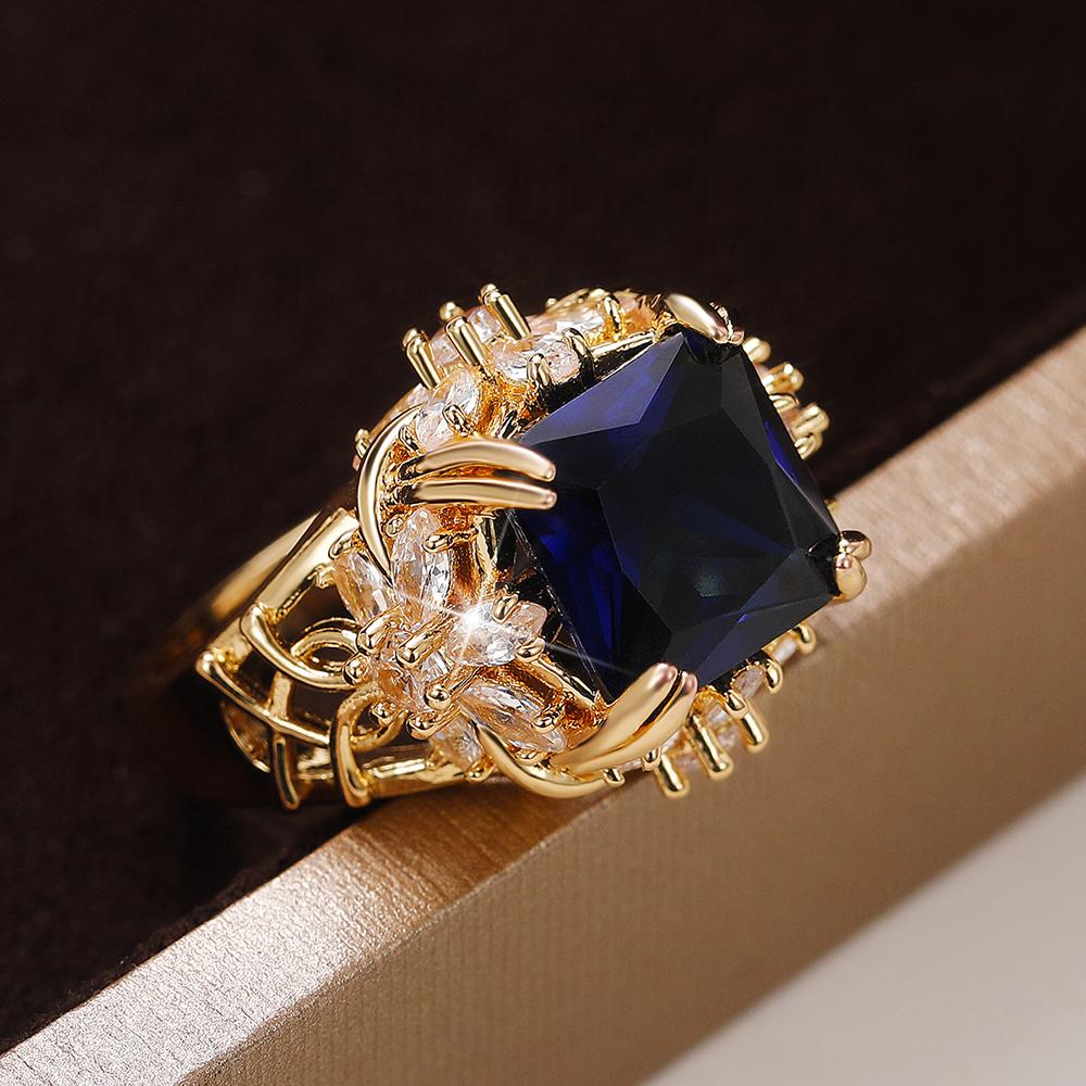 Huitan Gorgeous Dark Blue CZ Female Ring Dazzling Flower Design Aesthetic Women Accessories Anniversary Party New  Jewelry