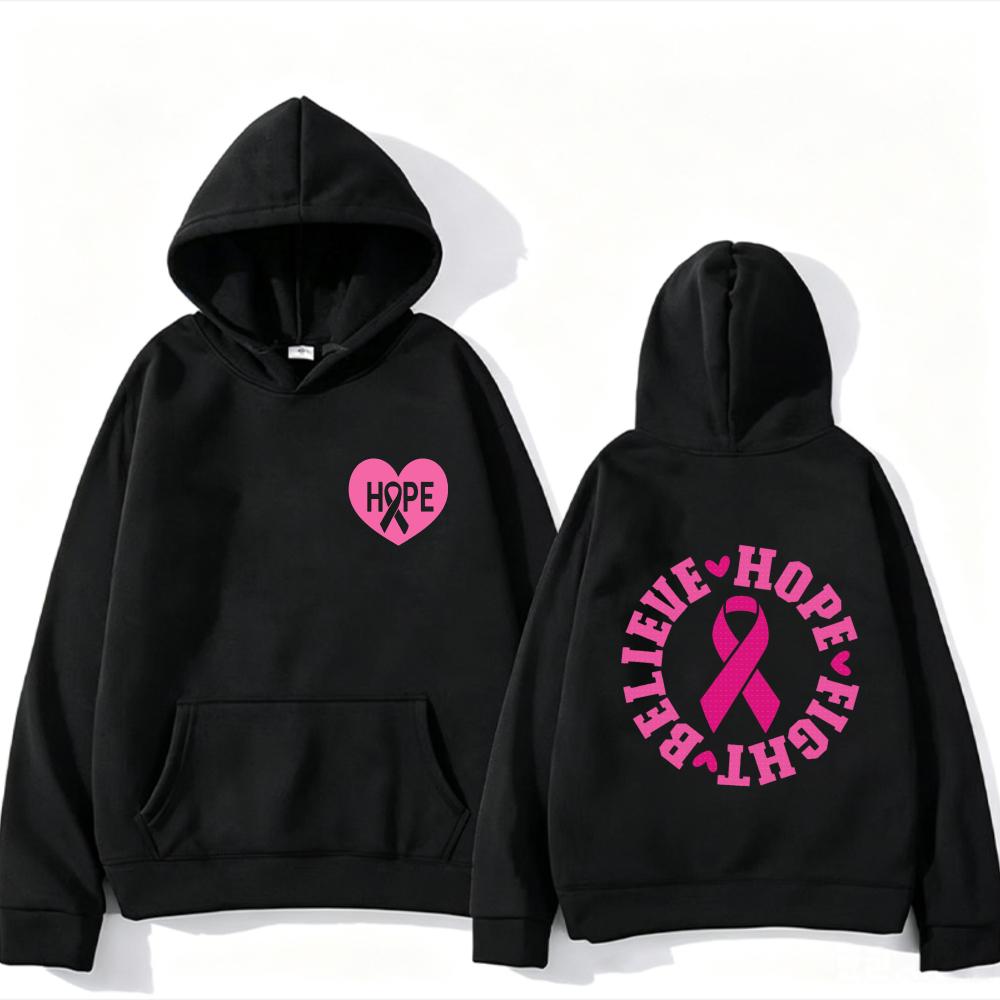 Believe Hope Fight Breast Cancer Awareness Hoodie Pink Ribbon Heart Letter Graphic Front Back Print Cancer Warrior Hooded Tops