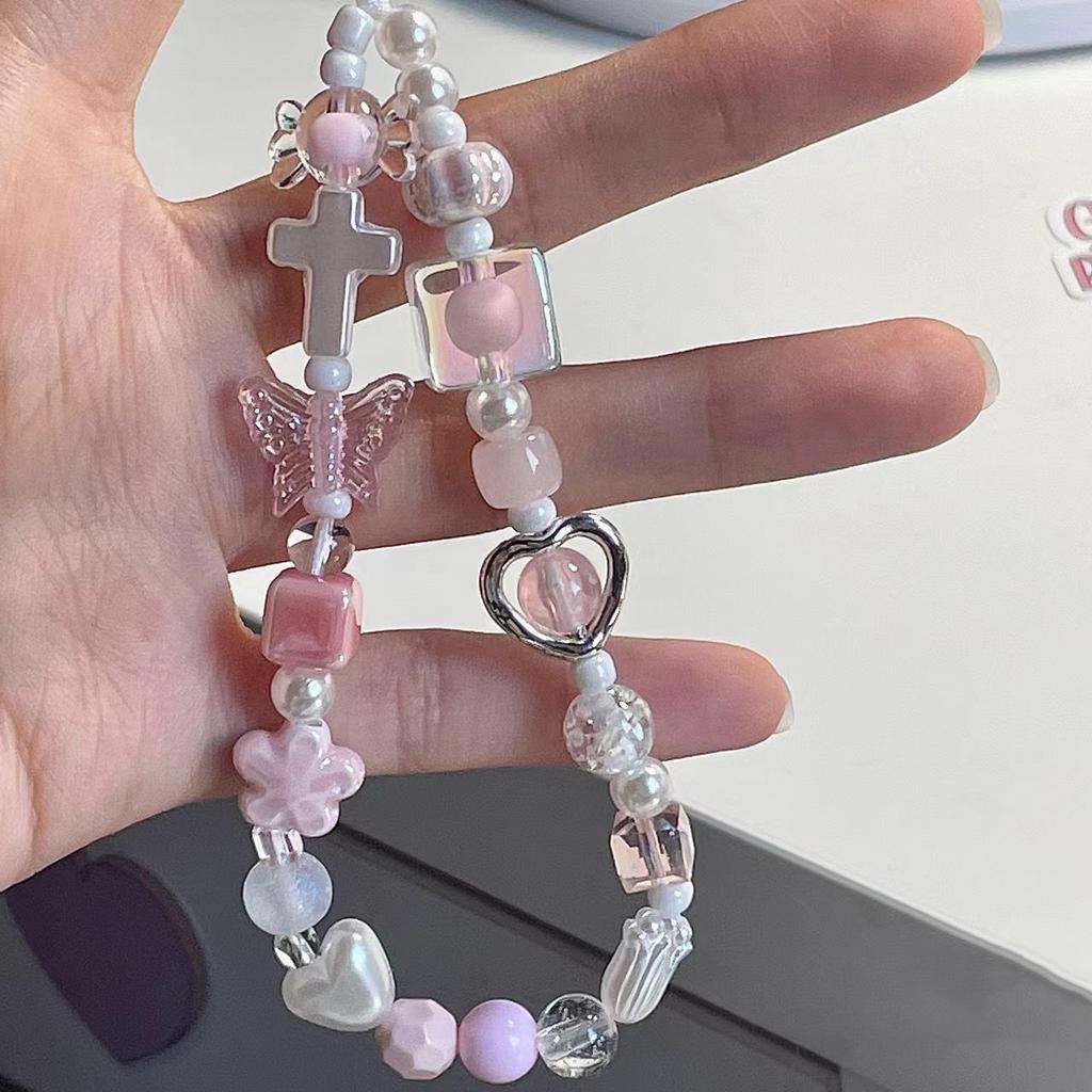 Charm Pink Butterfly Love Heart Mobile Phone Chain For Iphone Girl Women Jewelry Strap Beaded Lanyard Hanging Cord Bracelet