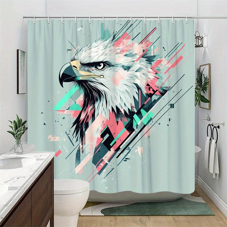 1pc Hawk Head Abstract Digital Art Shower Curtain - Modern Geometric Design with White Feathers, Grey Texture & Piercing Blue Ey